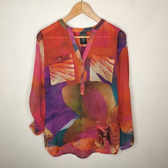 Covington Floral Blouse Tab Sleeve Sheer Watercolor Art to Wear - Picture 1 of 9